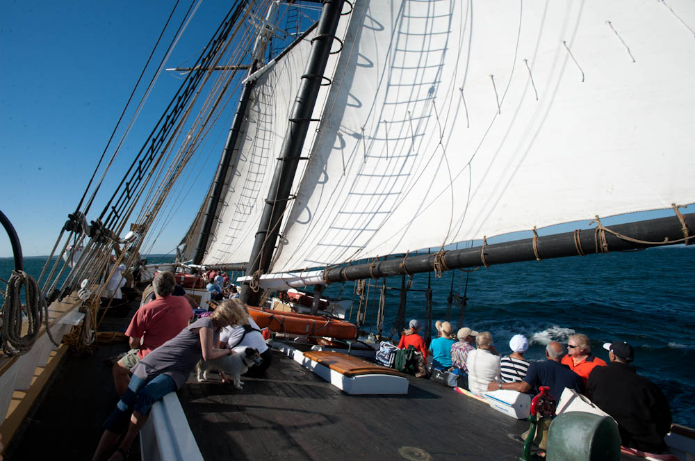 Under sail.