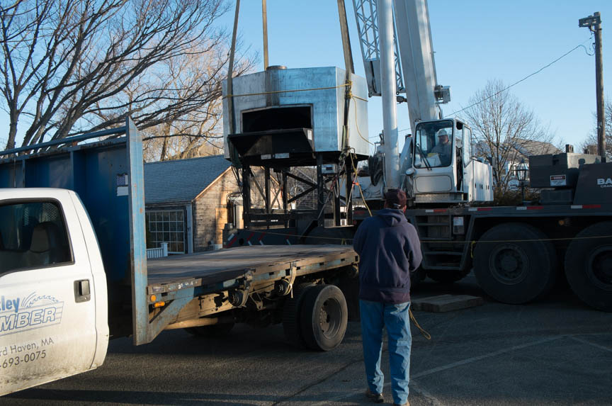 Pizza stove ends up on the back of a Hinckley truck.