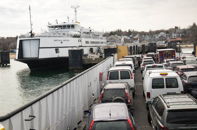 Freight boat Sankaty departs Vineyard Haven.