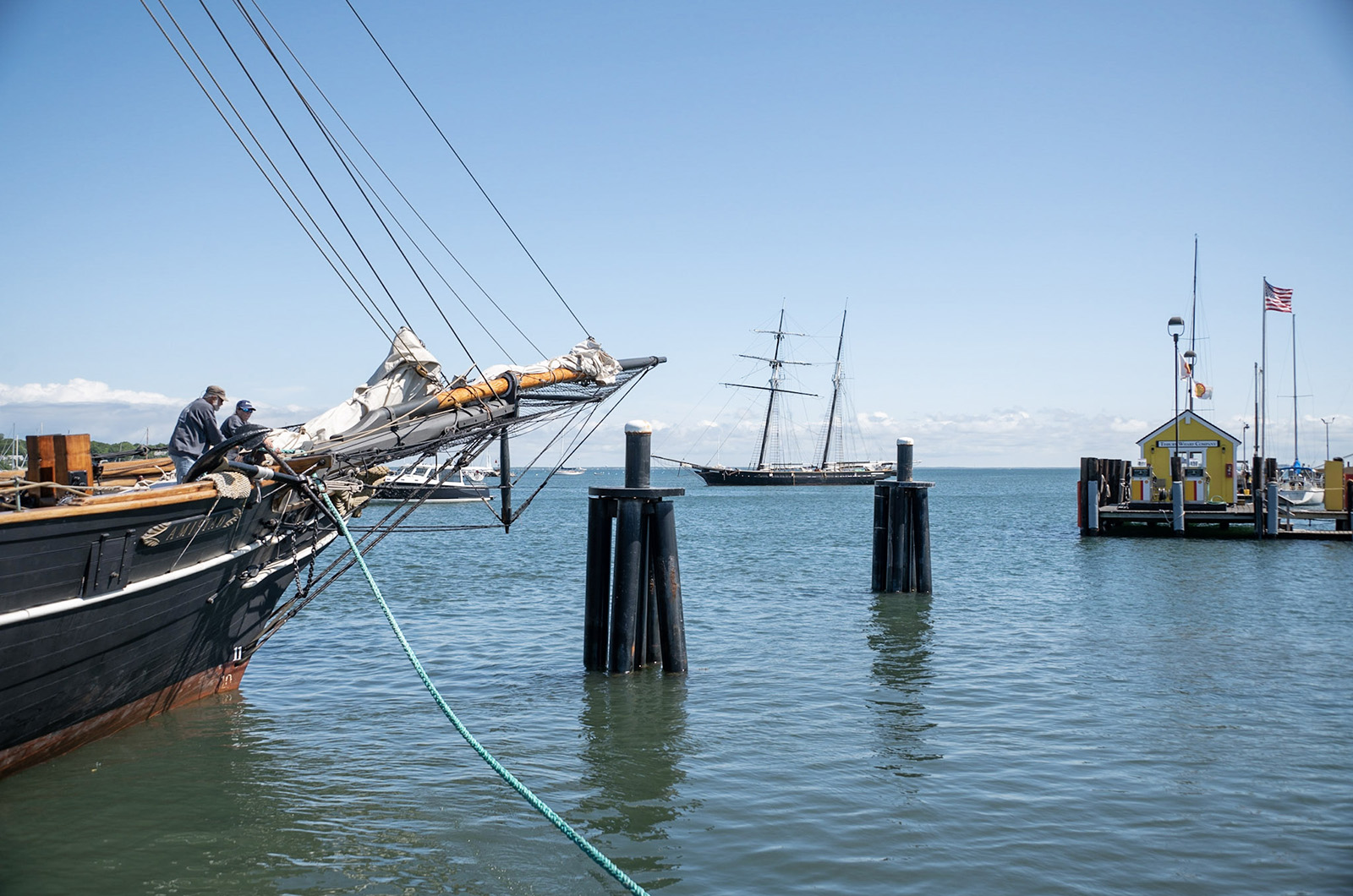 The bow of The Amistad with fellow historic tall ship "Shenandoah" in the background.