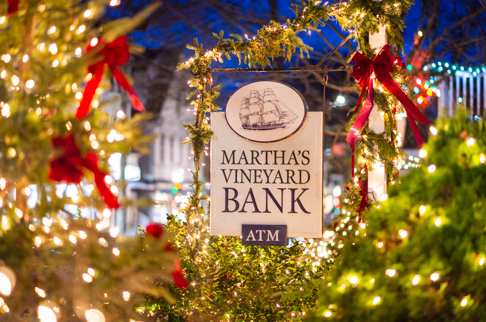 The lights at Martha's Vineyard Bank illuminate a whole section of Main street.