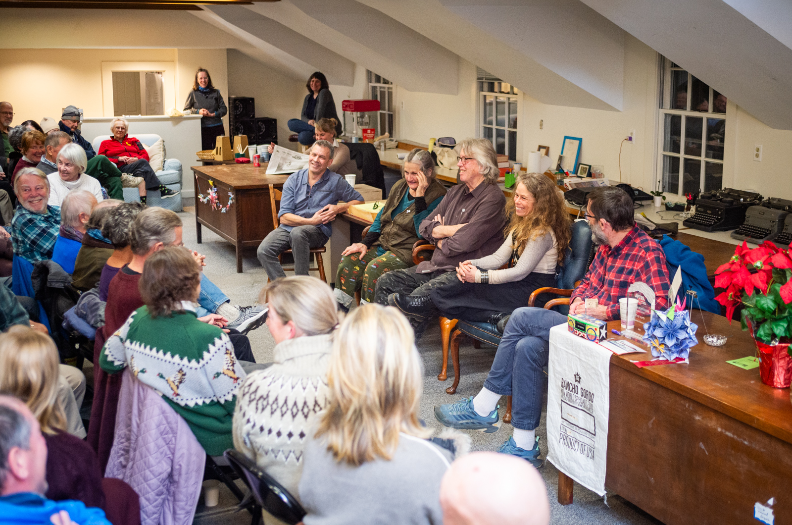 Readers and guests gather to meet the columnists.