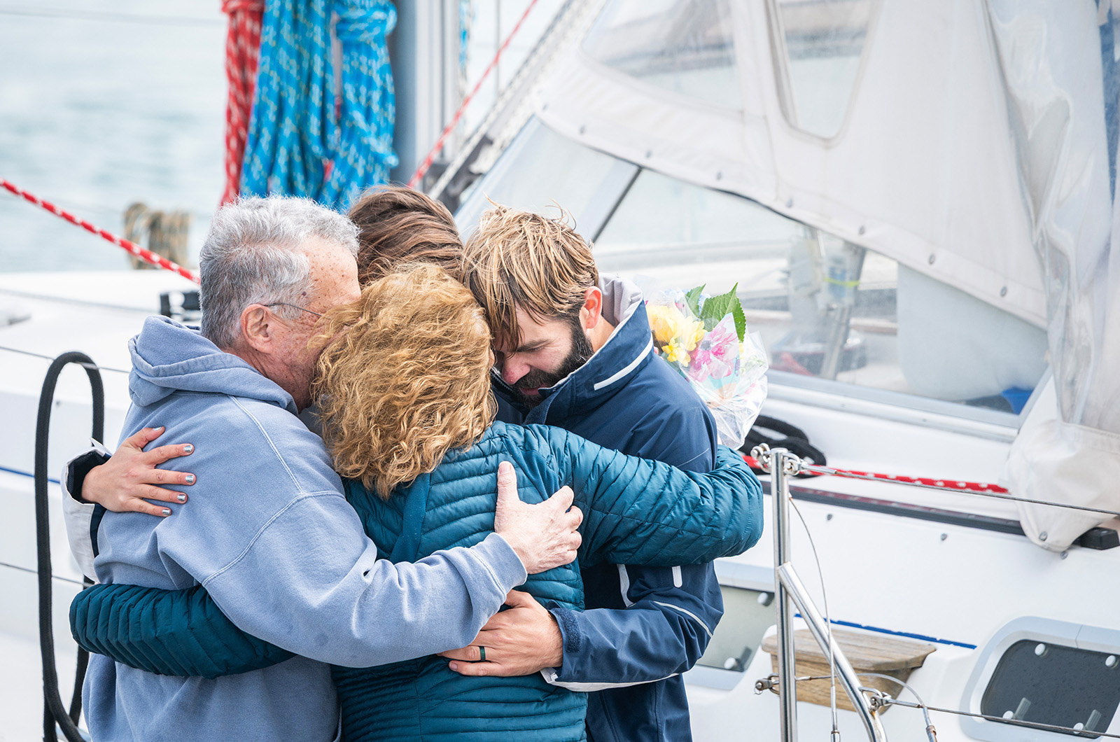 Parents Barbara and Bob meet the intrepid sailors in Menemsha.