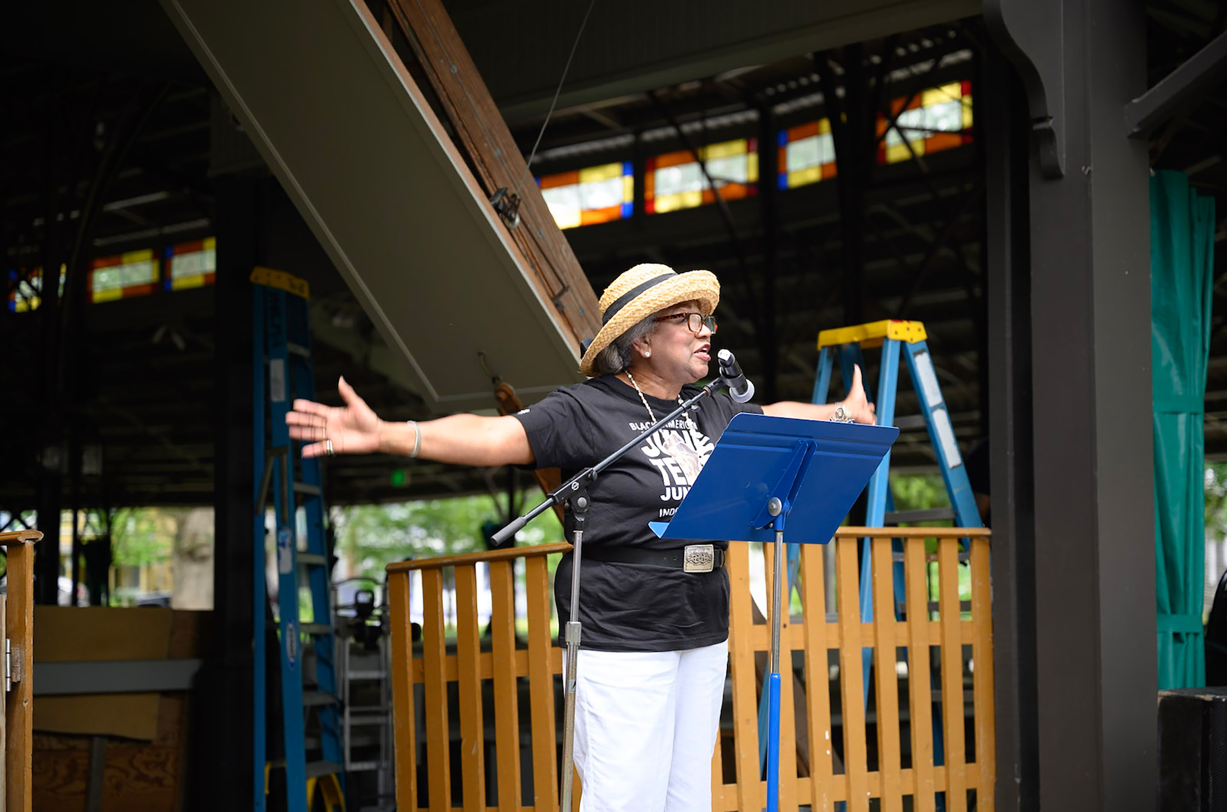 Dr. Lorna Andrade speaks to the crowd at the Juneteenth flag-raising at The Tabernacle.