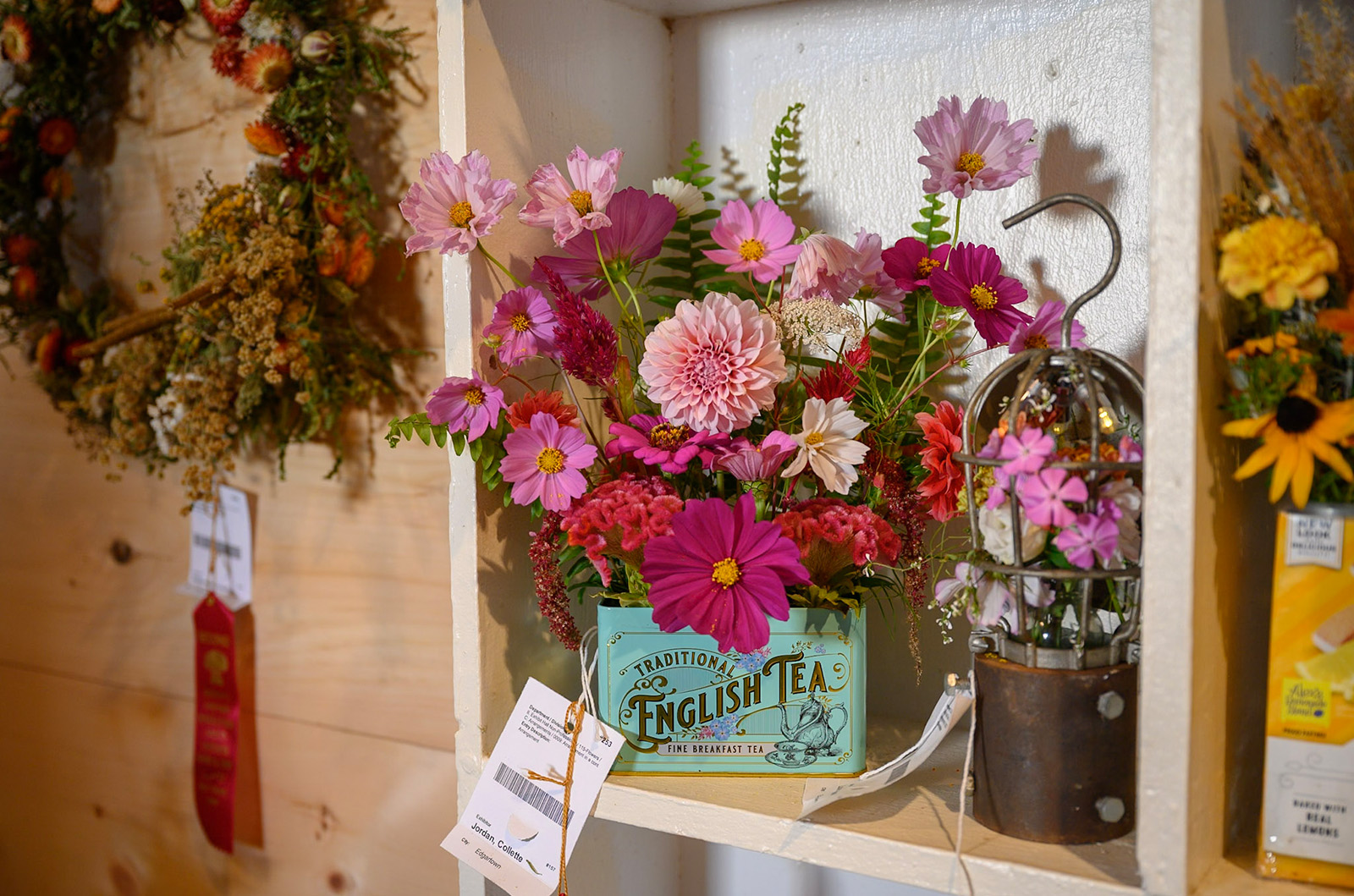 Artful flower arrangements abound.