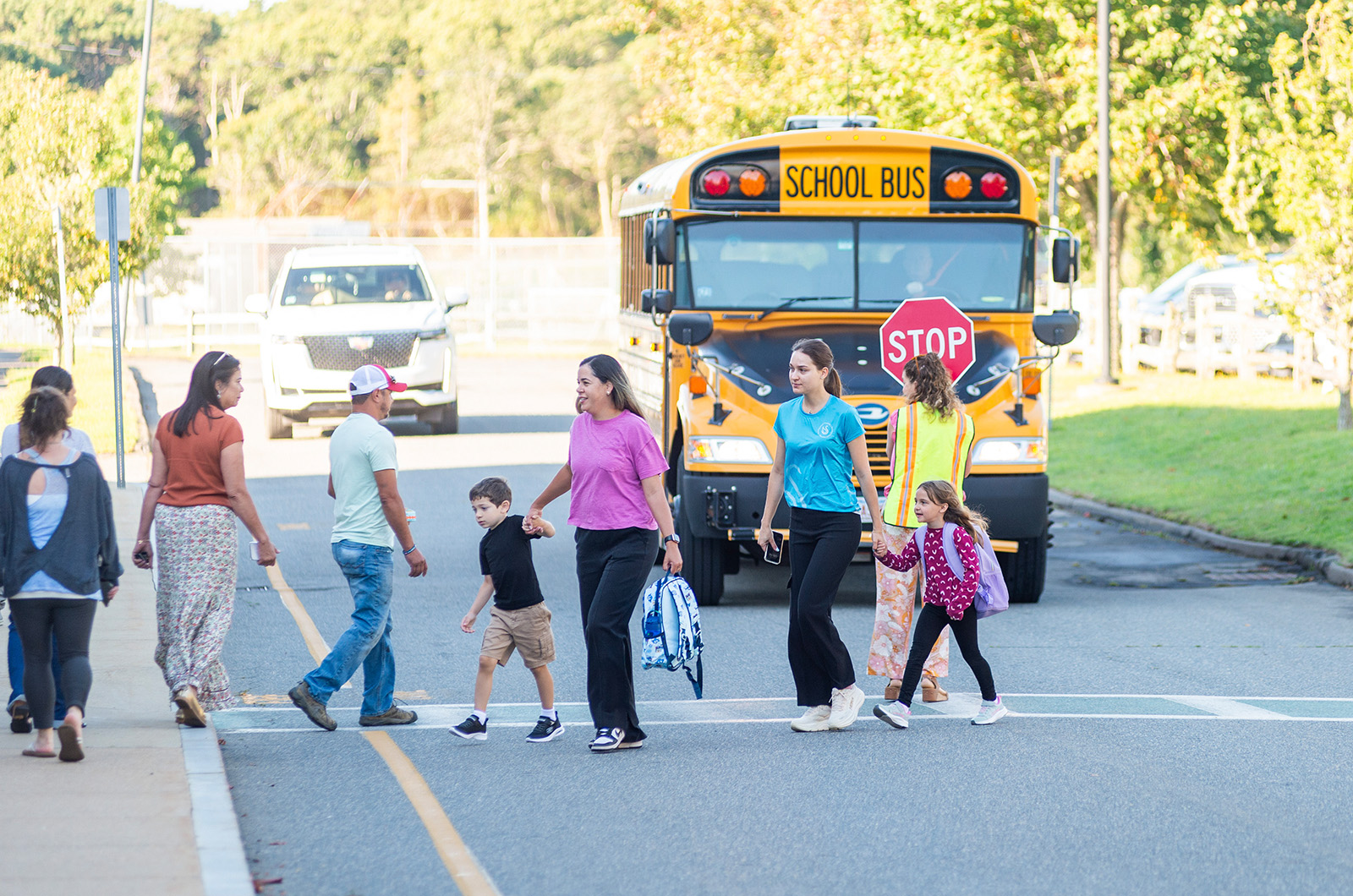 Crossing guards guide kids and parents in Edgartown.