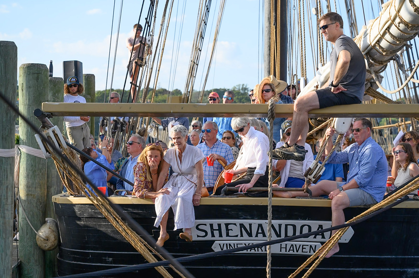Crowds gather at the Black Dog Tall Ships pier in Vineyard Haven harbor.