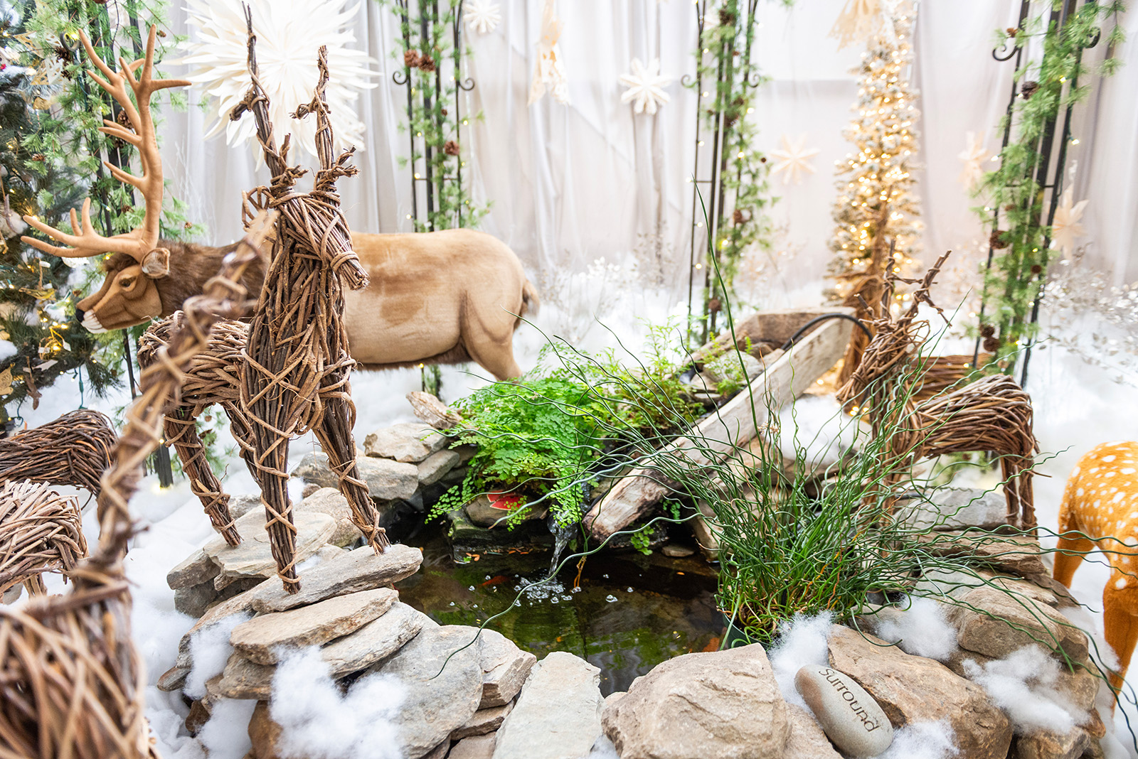 Woodland animals gather around the pond.