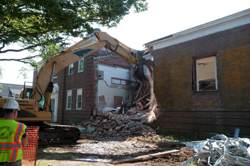 The cafeteria, orignally the old gym was the first to come down.