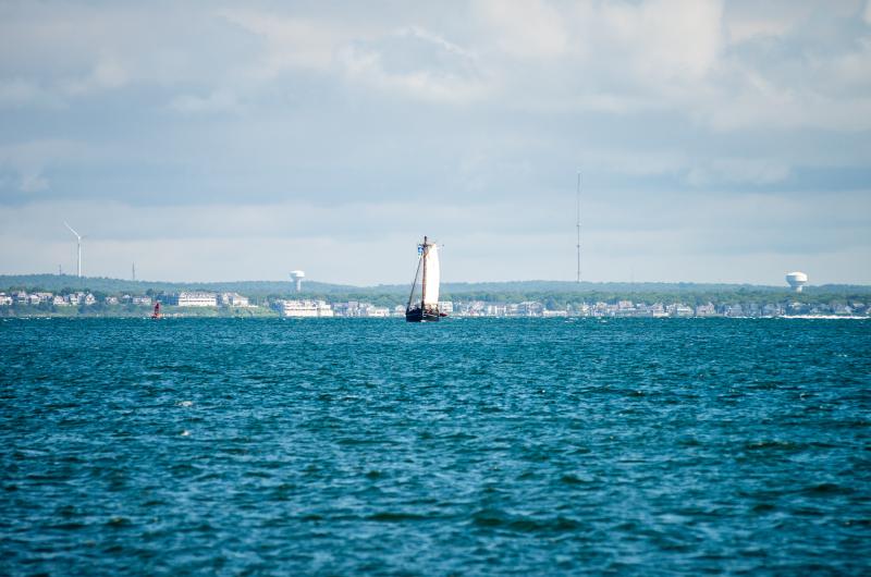 The Amistad becomes visible as it rounds West Chop and turns toward Vineyard Haven Harbor.
