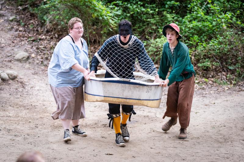 [l-r] Clementine Mead (Valentine) and Aiden Weiland (Fabian) give Xavier Powers (Malvolio) a wild ride.