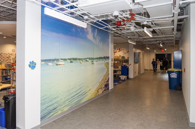 A series of graphics grace murals across the school.