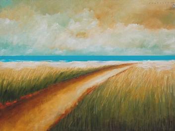 dirt road water clouds grass
