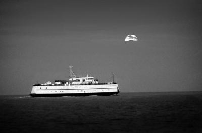 BW sunset ferry moon