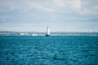 The Amistad becomes visible as it rounds West Chop and turns toward Vineyard Haven Harbor.