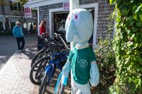 Krusty Krab employee Squidward outside Dock Street Coffee Shop.
