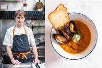 Chef Ryan Scanlon and the fire-roasted cioppino.