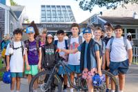 Friends gather at the West Tisbury school entrance.