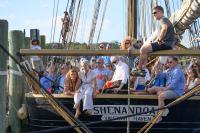 Crowds gather at the Black Dog Tall Ships pier in Vineyard Haven harbor.
